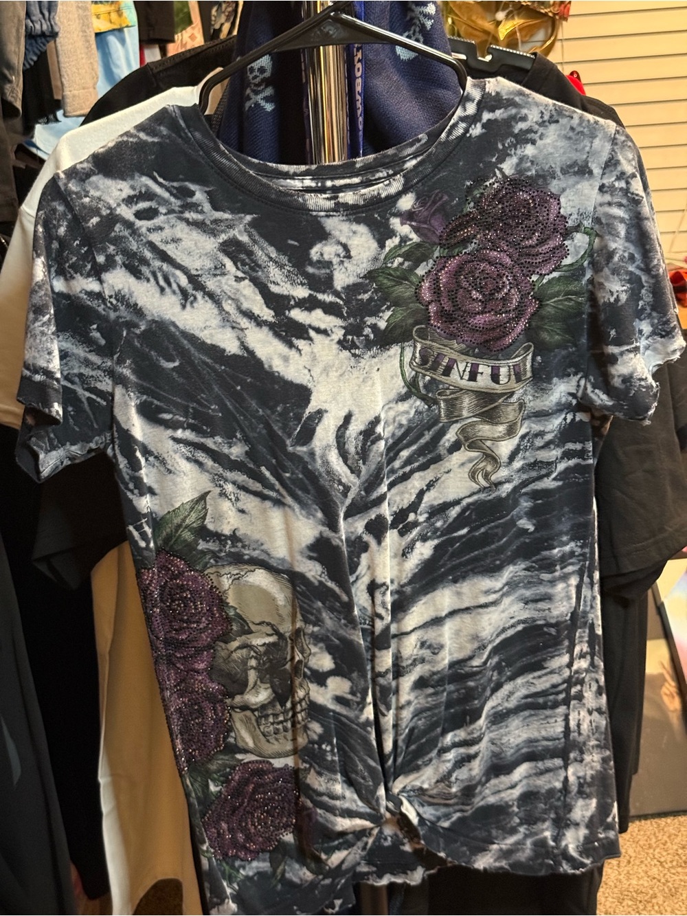 Sinful Black & White Tie-Dye Skull and Rose Short Sleeve Tee